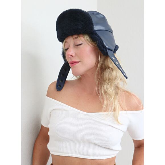 1990's Vintage Trapper Vinyl & Faux Fur Navy Hat ~ Unisex Trooper Cap ~ Aviator - Picture 7 of 7